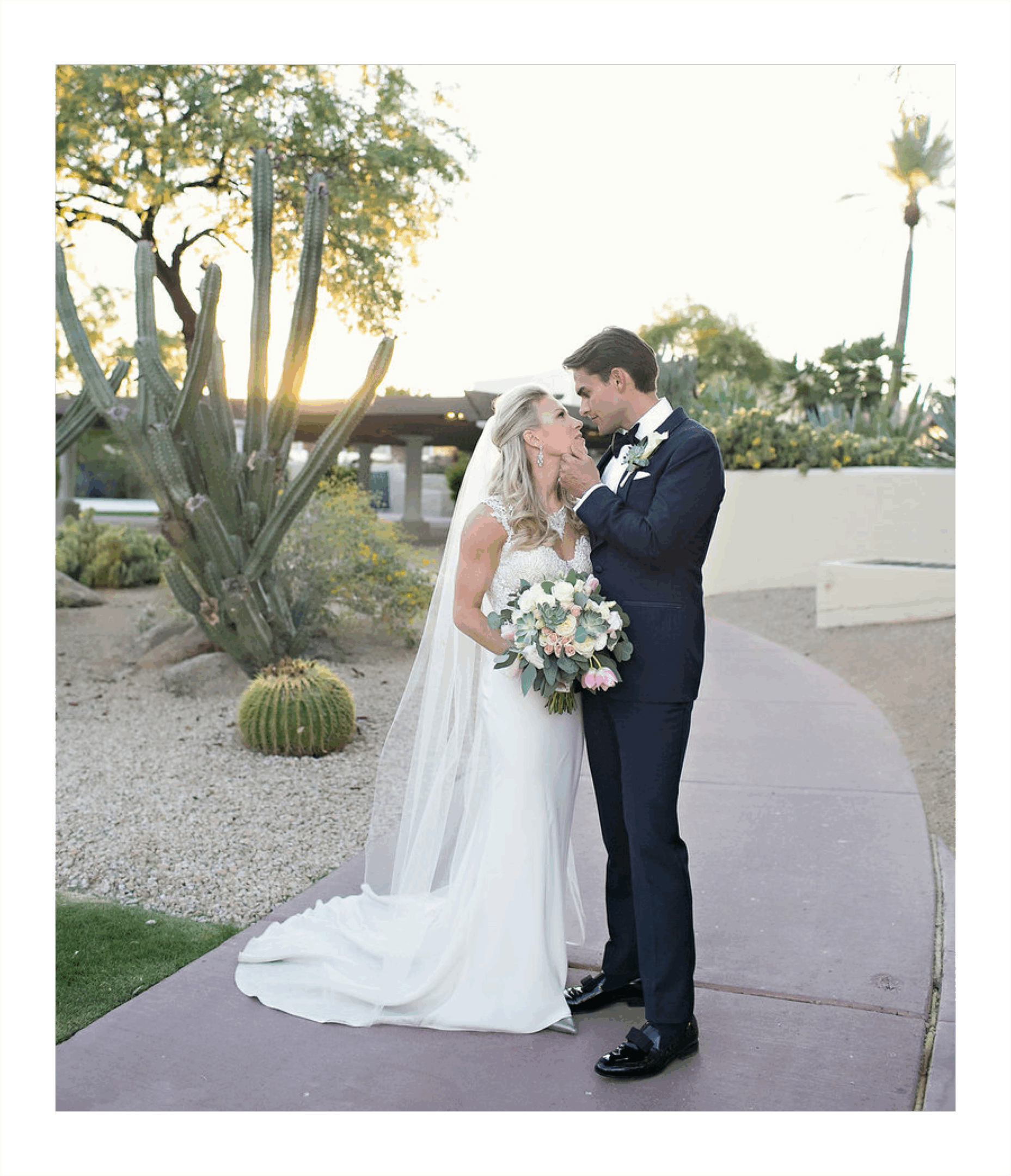 Bride and groom kissing near cacti.